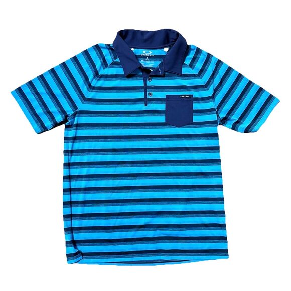 Oakley Polo Shirt Mens Medium Blue Striped HYDROLIX Performance Golf Regular Fit - Picture 2 of 8